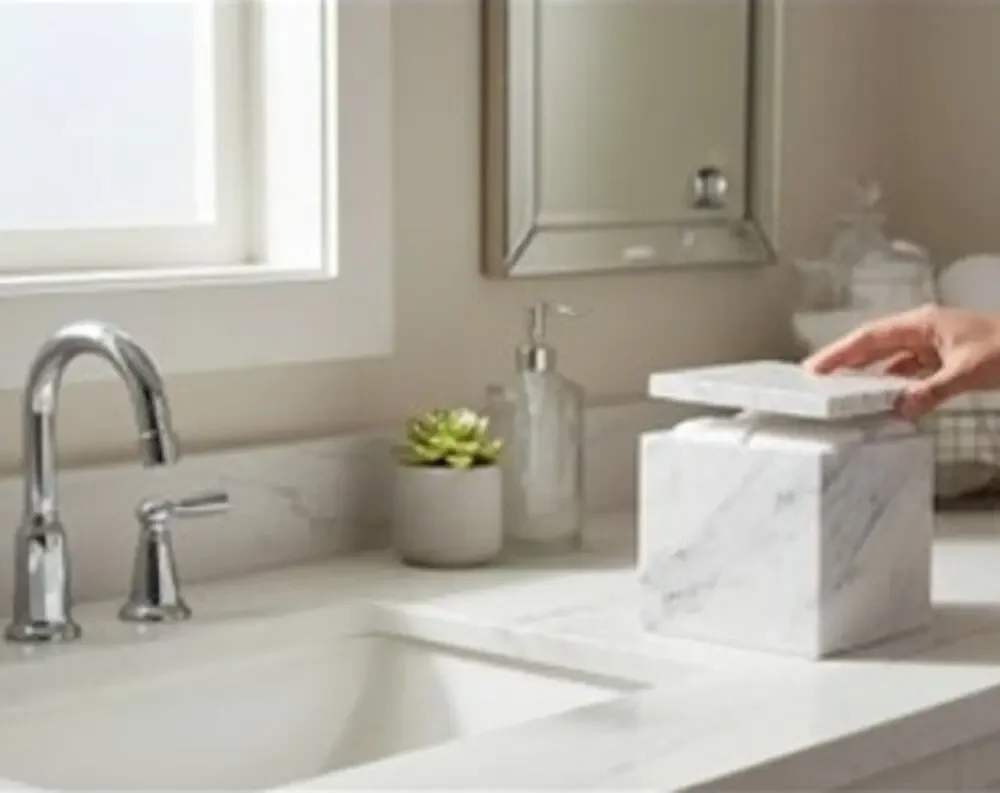 NWT ~ Marmol White & Gray Genuine Marble Bathroom Counter Storage Box with Lid